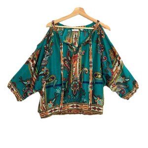 New York & Company Women's Silky Paisley Top Open Shoulders Size L Elastic Waist